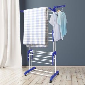NASPALURO Séchoir à linge étendoir MULTIFONCTION en acier inox - 3 niveaux - Avec flancs et roues - ailes pliables - bleu et blanc