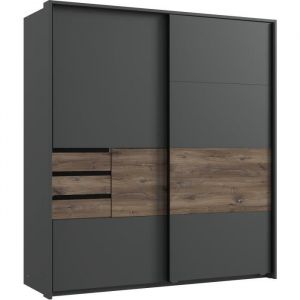Armoire meuble de rangement coloris graphite rechampis imitation chêne - Longueur 180 x Hauteur 198 x Profondeur 65 cm