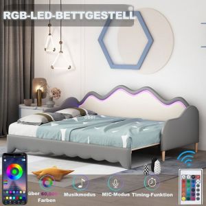 Lit enfant gigogne 90/180x190cm avec éclairage LEDLit extensible rembourré avec sommier à lattesLit doubleTissu+métal+ MDFGris
