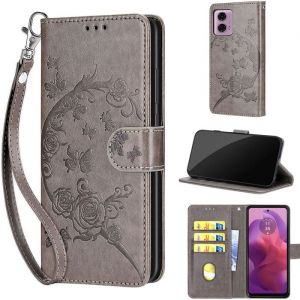 Coque pour Motorola Moto G24/G04 6.56 Portefeuille Cuir PU Etui Housse Porte Cartes Antichoc Case -Fleur et papillon gris
