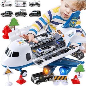 Jouet Avion avec Son et Lumière Garage Voiture avec 6 Mini Voitures de Police Jouet de Voiture de Transport Avion Pour Enfants 3+