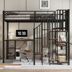 Lit mezzanine 120x200 cm - avec bureau et &eacute;tag&egrave;re - avec armoire ouverte - &eacute;chelle de s&eacute;curit&eacute; 4 marches - Noir+Naturel