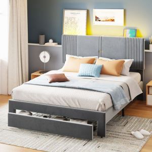 Lit adulte lit pour adolescent 160x200 cm avec bandes LED et ports USB tête de lit et grand tiroir - Gris