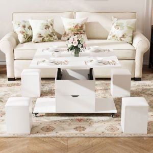 Table Basse Relevable-VOWNER -3 en 1 avec Tiroir et 4 Tabourets Transformable en Table &agrave; Manger (Blanc)