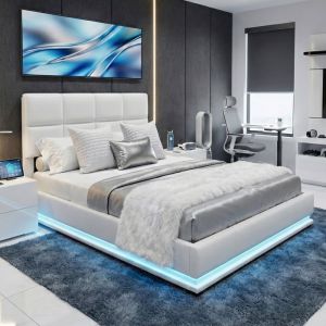 Lit coffre 140x200cm lit capitonn&eacute; 2 places avec &eacute;clairage LED et t&ecirc;te de lit r&eacute;glable rangement hydraulique - cuir PU blanc.