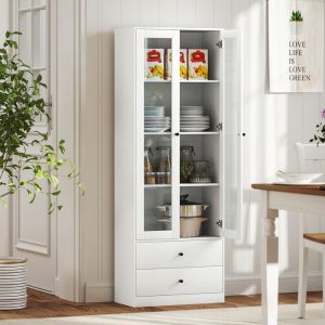 Meuble de rangement moderne avec placard &agrave; portes vitr&eacute;es &eacute;tag&egrave;res r&eacute;glables et 2 tiroirs 59 x 30 x 164 cm blanc