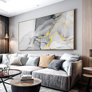 Tableau mural pour chambre à coucher - Tableau abstrait sur toile - Gris bleu doré - Images sur toile modernes Sans cadre 60x120cm