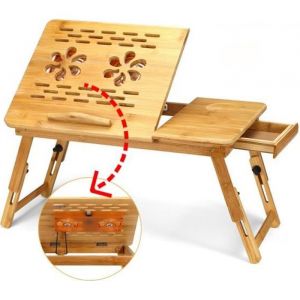 TEMPSA Table Ordinateur Portable Ventilateur USB Table de Lit - Support PC Tablette Tiroir - En Bambou Pliable
