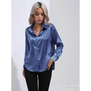 Chemisier Femme Satin Soie Col En V Manches Longues Casual Chemise Elegant Regular Fit Couleur Unie - Taille EU - Bleu