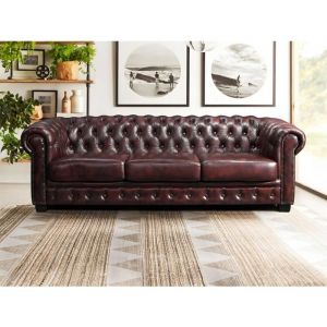 Canap&eacute; chesterfield 4 places BRENTON 100% cuir de buffle bordeaux