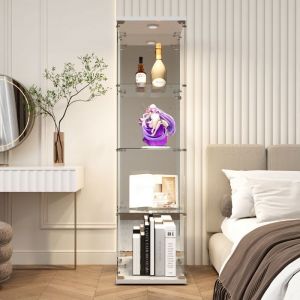 Vitrine en Verre Miroir LED Vitrine avec 4 étagères 1 porte Armoire de Collection avec serrure Verre Trempé Blanc