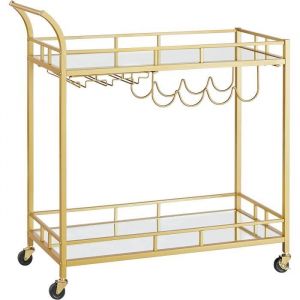 VASAGLE Desserte pour Boissons Chariot à roulettes 2 Niveaux en Verre Réfléchissant avec Porte-Bouteilles Salle à Manger Doré