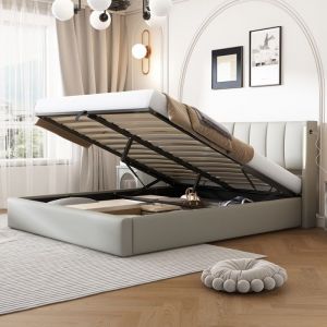 Lit coffre 140x190 cm lit adulte avec tête de lit et sommier à lattes lit avec port USB et éclairage LED tissu PU gris