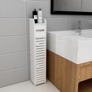 Colonne Salle de Bain Rangement Blanc - Laizere - 17*15*78cm - A poser au sol - Aspect bois - Porte(s)