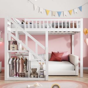 Lit Superpos&eacute; Enfant 140 x 200 cm Lit Mezzanine avec Escalier de Rangement et Barri&egrave;re Cadre de Lit en Bois Lit Combine Blanc