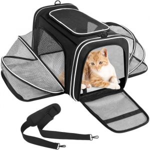 Sac Transport Chat Chien Extensible avec Coussin Amovible Poches Lat&eacute;rales Cage de Transport Chat en Maille Respirante- Noir