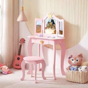 Coiffure Pour Enfant 2 en 1 Avec Miroir et Tabouret Bureau Bois Enfant Tiroir Style Princesse Pour Filles- Rose