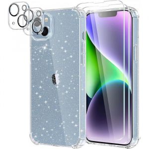 Coque Compatible Avec Iphone 14 Plus Paillettes Avec 2 Verre Tremp&eacute; Protection &Eacute;cran Et 2 Cam&eacute;ra Arri&egrave;re Protecteur Trans[COQ70]