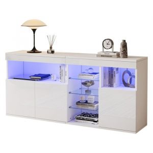 Buffet-Bahut Blanc Laqu&eacute; Brillant 155.5x35x72cm&Eacute;clairage LED 3 Portes+3 Compartiments Vitr&eacute;s Sans Poign&eacute;es Salon & Salle &Agrave; Manger