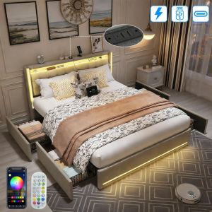 Lit Adulte 140x190CM avec 4 Tiroir - avec LED et USB - Lit Coffre avec Rangement - Lit 2 Personnes avec sommier - M&eacute;tal - Lin Beige