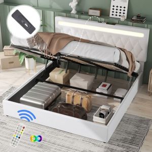 Lit coffre hydraulique 180x200 cm Lit adulte Lit double capitonné en lin avec lumière LED ports USB et sommiers à lattes - blanc