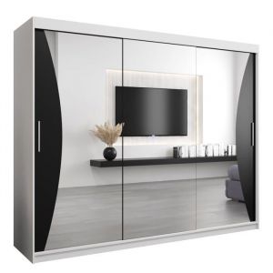 Armoire Monaco 250 Avec 2 Portes Coulissantes et Miroir - Corps Blanc Mat Fa&ccedil;ade Noir Mat - 62x250x200cm - ABIKSMEBLE