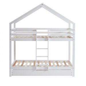 Lit cabane superposé - BAÏTA - Gamme TINY - Pin massif blanc - 90 x 190 sommier inclus