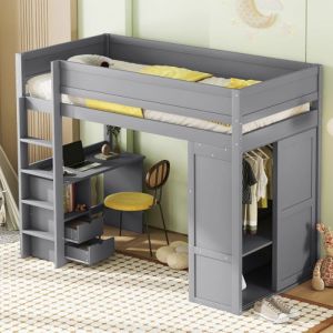 Lit enfant 90x200 cm Lit mezzanine 1 place 1 personne Lit surélevé multifonctionnel avec armoire bureau tiroirs gris