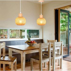 iDEGU 2x Lustre Suspension en Bambou et Bois Vintage Lampe 13cm Mini Abat-jour &agrave; Boule Rotin Vintage Lustre Style Boh&egrave;me pour Salon