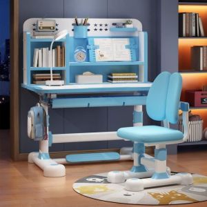 FLASIDU Bureau d&eacute;tude pour enfants avec chaise - Ensemble Bureau et Chaise pour Enfant Hauteur R&eacute;glable-Bleu-3-18