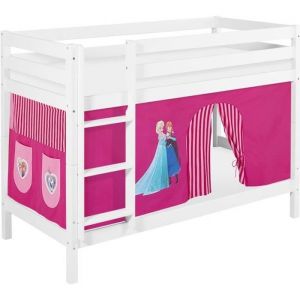 Lits superpos&eacute;s JELLE 90x190 cm Frozen rose - La Reine des Neiges - avec rideaux et deux sommiers &agrave; lattes - LILOKIDS - blanc laqu&eacute;