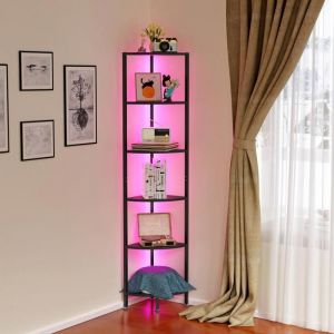 &Eacute;tag&egrave;re d&rsquo;Angle PIPIPOXERBiblioth&egrave;que dangle avec lumi&egrave;re LED&Eacute;tag&egrave;re de Rangement &agrave; 6 Niveaux30x30x172cmNoir