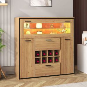 Buffet Bar - Meuble de Rangement avec Casier &agrave; Vin - Vitrine en Verre - LED - 110 x 38 x 111 cm