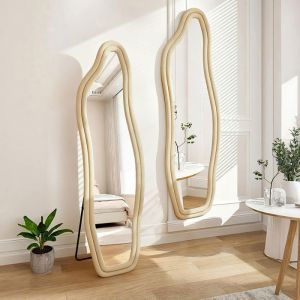 Miroir Pleine Longueur 140 x 45 cm Miroir asym&eacute;trique Forme organique Moderne Miroir sur pied Miroir de sol bomb&eacute; Jaune