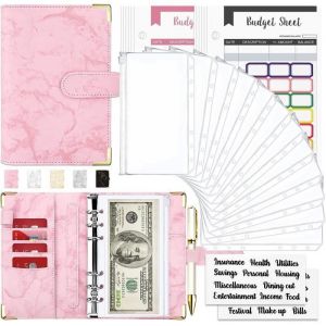 Classeur A6 6 Anneaux Budget Planner Classeur Budget en PU Cuir Budget Planner Couverture avec 8 PVC Enveloppe Budget-Rose