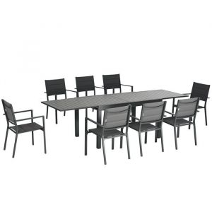 Salon de jardin table extensible 135-270 cm en aluminium et textil&egrave;ne 6/10 personnes 8 chaises empilables gris