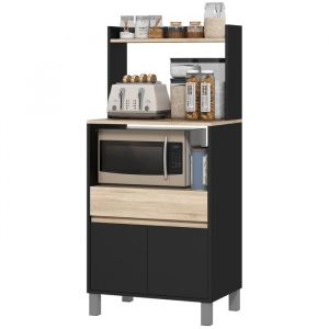 Meuble desserte de cuisine pour micro-ondes avec placard tiroir &eacute;tag&egrave;re sup&eacute;rieur 60 x 40 x 131 cm naturel et noir