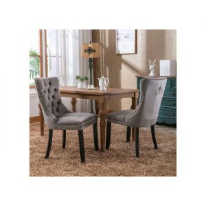 2Pcs Chaise de salle &agrave; manger contemporaine moderne en velours rembourr&eacute; avec pieds en bois et garniture clout&eacute;e Grise