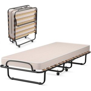GIANTEX Lit d’Appoint Pliable 80X190cm avec Roulettes+Matelas en Mousse à MémoireLit 1 Place 15 LattesCadre en AcierCharge 130KG