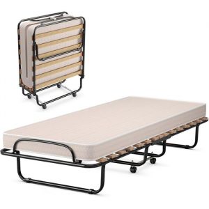 GIANTEX Lit d’Appoint Pliable 80X190cm avec Roulettes+Matelas en Mousse à Mémoire,Lit 1 Place 15 Lattes,Cadre en Acier,Charge 130KG