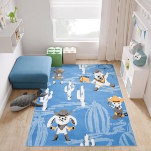 TAPISO Tapis Chambre Enfant Poil Court JOLLY Bleu Gris Cowboy Polypropylène Intérieur 300x400 cm
