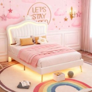 Lit enfant coquillage avec LED - Cadre de lit filles 90x200 - Lit enfant capitonn&eacute; blanc en cuir PU - Design moderne - Cadre de lit