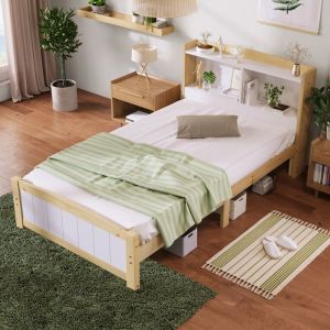 Lit simple en bois massif 90 x 200 cm avec t&ecirc;te de lit Lit enfant avec espace de rangement Lit 1 Personne Naturel et Blanc
