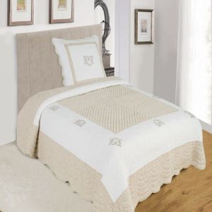 ALPES BLANC - Couvre lit boutis Peaceland Lin 180x240 cm + 1 taie 65x65 cm pour lit 1 place - dessus de lit brod&eacute; 100 % coton