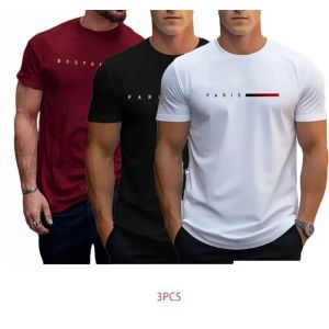 T-shirt à manches courtes et col rond pour homme ECELEN - Lot de 3 rouge noir blanc - T-shirt respirant et confortable