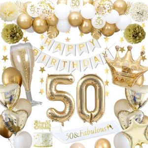 D&eacute;corations Anniversaire 50 Ans D&eacute;corations Anniversaire Or 50 Ans Pour Homme Femme Ballons Blancs Or Banni&egrave;re Happy Birthda[A176]