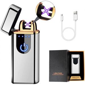 Briquet Électrique Briquet USB Rechargeable Briquet Coupe-Vent Double Arc Plasma Commande Tactile PortableArgenté