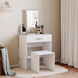 Coiffeuse Isla blanche avec 1 tiroir miroir et tabouret – Ensemble meuble maquillage et coiffeuse