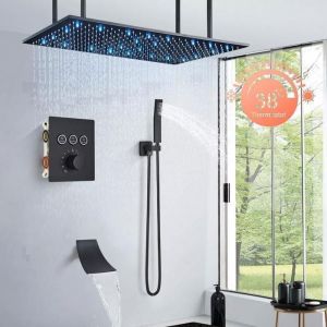 Colonne de Douche Encastr&eacute;e Thermostatique noir De forme carr&eacute;e Douche Set kit de Douche Murale Solide Douche &agrave; Main