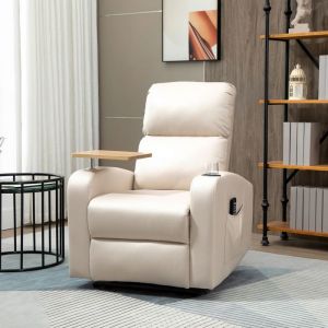 Fauteuil Massant et Relaxant &Eacute;lectrique Inclinable avec Tablette Poches Lat&eacute;rales et T&eacute;l&eacute;commande - Tissu Beige